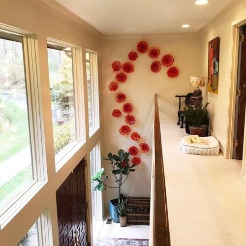 Orange Red Flower Shape Hand Blown Art Glass Wall Plates Murano Glass Wall Art for Big House Decor