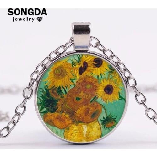 SONGDA Van Gogh Oil Paintings Necklace Wheat Field with Crows Sunflower Famous Art Paintings Glass Dome Pendant Necklace Jewelry
