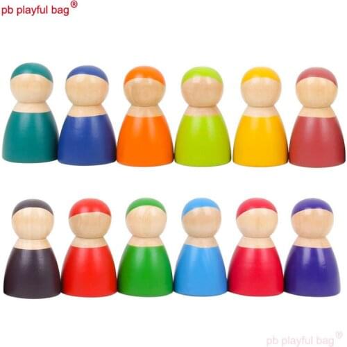 PB Playful bag Wooden Rainbow Blocks Toys 12 Friends Peg Dolls Bodies Baby Play People Figures Shape Kids Educational Toys UG20
