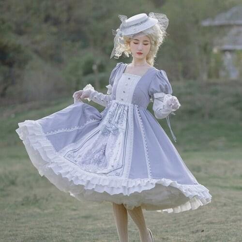 Princess tea party sweet lolita dress retro lace bowknot flare sleeve cute printing victorian dress kawaii girl gothic lolita op