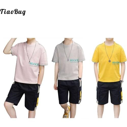 Casual Summer Boys Outfits Round Neckline Short Sleeves Print Letter Pattern Top Elastic Waistband Shorts With Pockets Sets