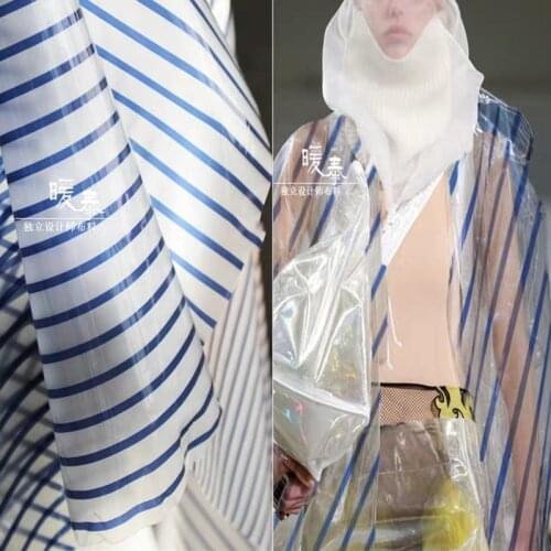 New Transparent TPU Fabric PVC Blue Stripe Waterproof DIY Perspective Clothes Raincoat Crystal Bag Decor Plastic Designer Fabric