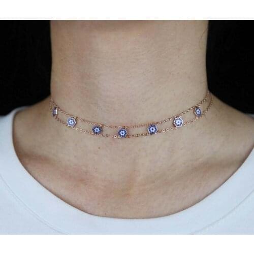 Rose Gold Turkish Evil Eye Women Jewelry Micro Pave CZ Evil Eye Charm Double Chain Choker Necklace Fashion