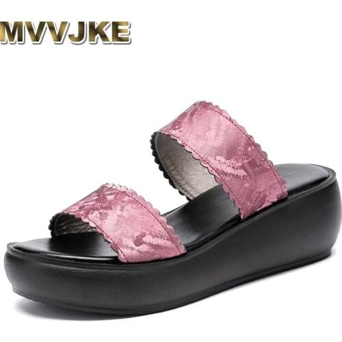 MVVJKE Women Slipper 2020 Ladies Summer Slippers Shoes Women Wedges Heels Fashion Summer Genuine Leather Platform Shoes