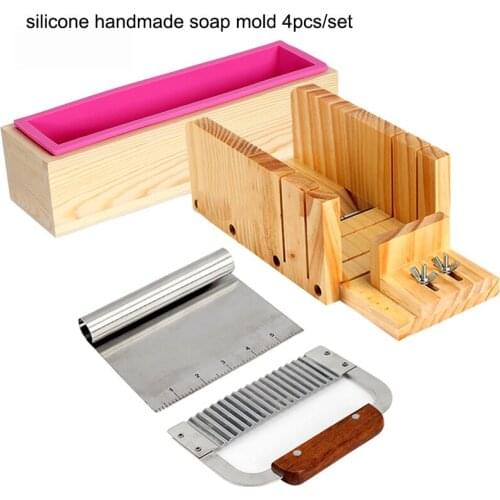 Silicone Mold Soap Making Tool Cutter Set-4 Adjustable Wooden Loaf Cutter Box 2 Pieces Stainless Steel Blades for DIY Handmade