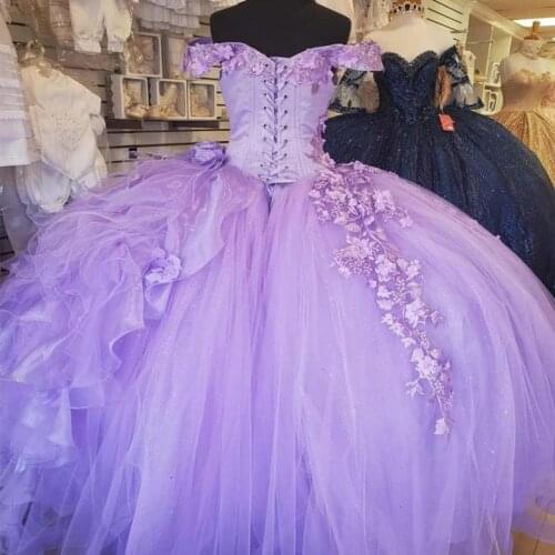 Gorgeous Lavender Queen Quinceanera Prom Dresses Princess Ball Gown 2021 Off Shoulder Lace-up 3D Flowers Lace Sweet 16 Girl Dres