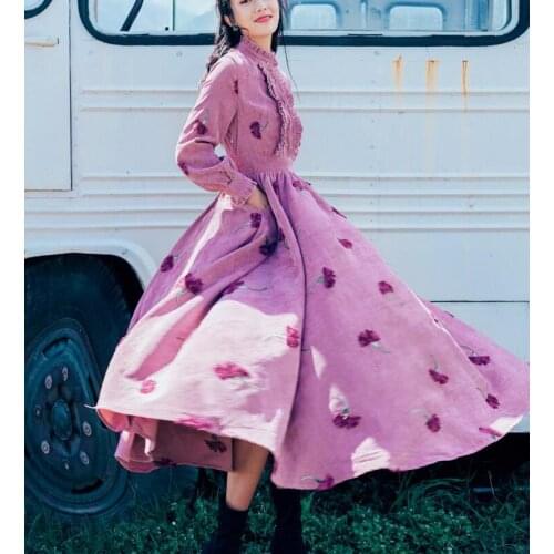 High Quality Best-selling Autumn Winter New Arrival Stand Collar Flower Embroidery Ruffles Woman Long Corduroy Dress
