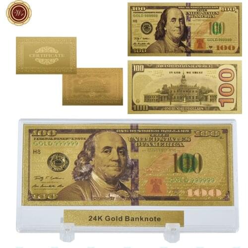 WR 100 Dollar American Gold Banknote Luxury Birthday Gifts New Usd 100 Gift Money Quality Fake Money Metal Crafts with Stand