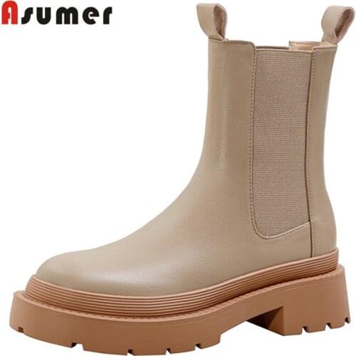 Asumer Chelsea Boots Simple Fashion Cow Leather Shoes Elastic Band Thick Heels Ankle Boots Leisure Hand Made Ladies Boots Winter