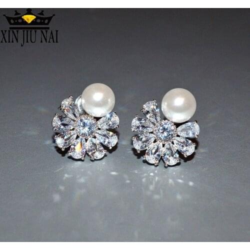 Brand Female 925 Silver Stud Earrings Fashion Snowflake Style Zircon Stone Wedding Earrings Simple Pearl Flower Earrings Women