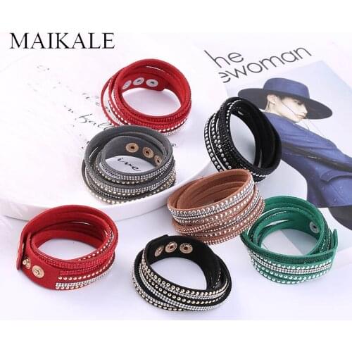 MAIKALE Vintage Long Woven Leather Bracelets for Women Multilayer Rivet Hot Drilling Wild Bangles Female Jewelry Accessories