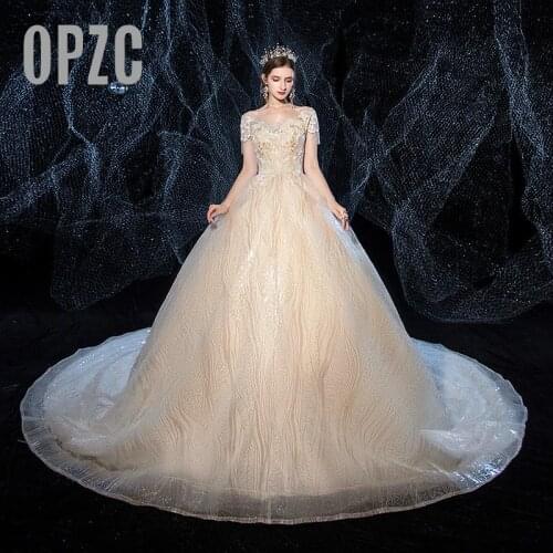 Sweetheart Luxury Lace Sequin pearls muslim India wedding dress Vestidos De Novia bride Gowns princess Robe De Mariee Champagne