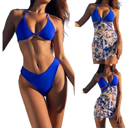 Three Piece Floral Print Beach Swimsuit Women Solid Color Deep V-neck Bikini Panties Flower Lace-up Skirt Beachwear Swimwears
