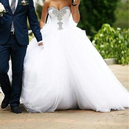 Shiny Rhinestones Crystal Beaded Sweetheart Organza and Tulle Wedding Dresses Princess Ball Gowns Bridal Dress Hot Sale