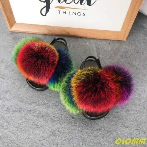 Kids Real Fox Slippers Cute Raccoon Slides Fluffy Slippers Toddler Slipper Baby Girls Fur Slides Summer Flip Flops With Fur
