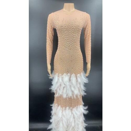 Feather Rhinestones Long Dress Transparent Evening Birthday Celebrate Nightclub Stage Show Singer Costume Clothes
