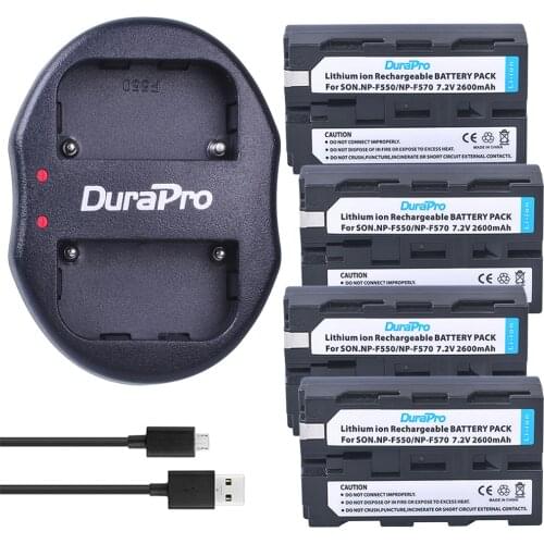 DuraPro 4pcs NP-F550 NP-F570 NP F550 F570 Replacement Battery + Dual Charger for Sony CCD-SC55 CCD-TRV81 DCR-TRV210 MVC-FD81