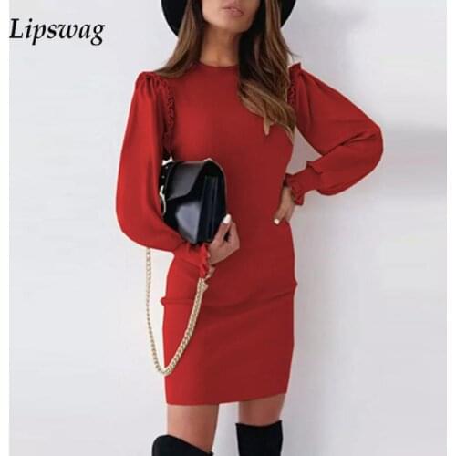 Elegant Solid Mini Dress Autumn Spring Long Sleeve Ruffle Bodycon Slim Dress Fashion New Casual O Neck Women Party Dress Vestido