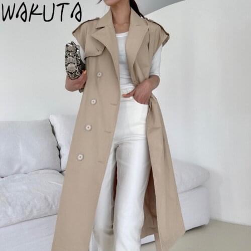 WAKUTA Elegant Women Double Breasted Sleeveless Long Trench Coat Vintage Turn-down Collar Warm Apricot Khaki Vest with Belt Lady