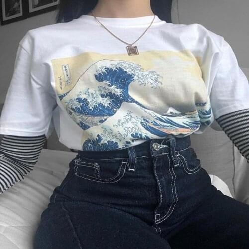 Hokusai Japanese Painting Under The Wave Off Kanagawa White T-Shirt Summer Style Unisex Tumblr Fashion Short Sleeve Top Tee