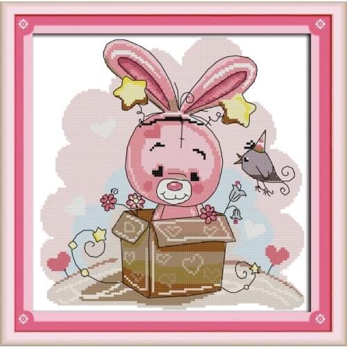 Joy Sunday The Rabbit In The Box DIY Hand Embroidery Cross Stitch Kits Patterns Printed Canvas Needlework Set Cartoon Home Decor