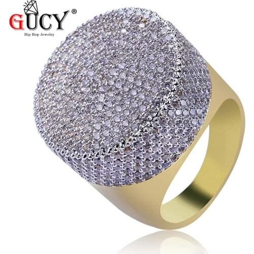 GUCY Hip Hop All Iced Out Bling Ring Gold Color Micro Pave Cubic Zircon Stones Round Big Rings For Men Charm Jewelry.Gift,Party