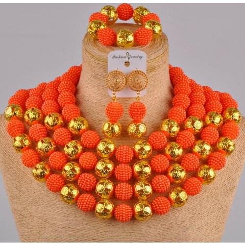Orange african beads jewelry set simulated pearl nigerian necklace for women FZZ27