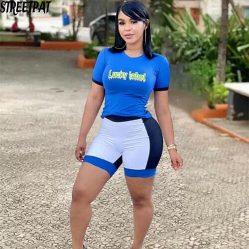 Summer Letter Print Patchwork 2 Two Piece Tracksuit Sets Womens Bike Shorts Sets O Neck Short Sleeve Crop Top Shorts Sets