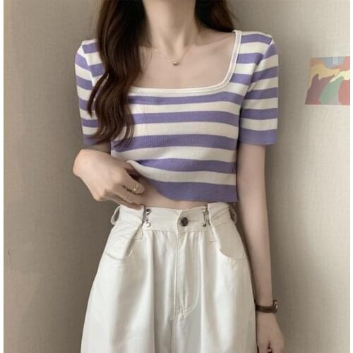 Summer Ice Silk Knitted T shirt Women Short Sleeves Thin Stripe French Square Collar Design Short Top Fashion Wholesale Clothing