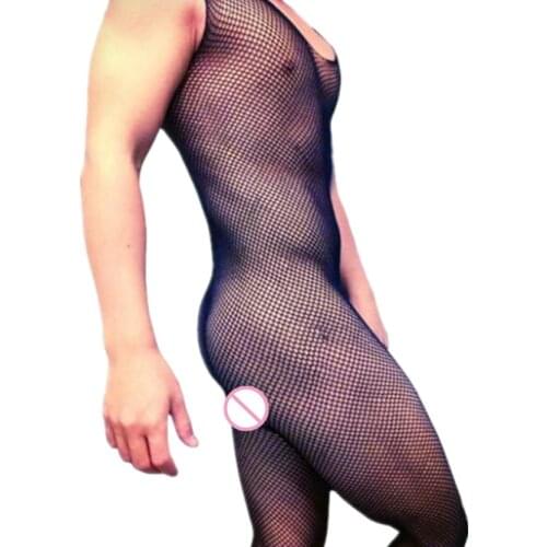 Male Underwear Sleeveless Bodystocking Mens Open Crotch Jumpsuit Fishnet Bodysuit Adult Sexy Lingerie Plus Size for Mens Exotic