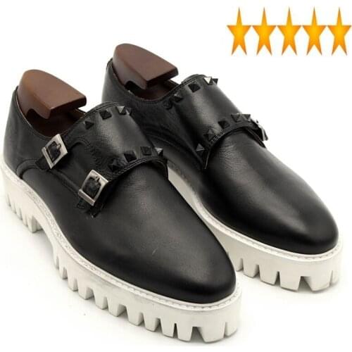 Bottom Muffin 2021 Handmade Classic Rivet Hasp Thick Platform Men European Genuine Leather Man Shoes Increase 3-5CM 3.5-10