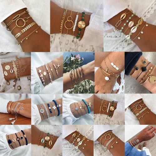 20 Style Fashion Tassel Beaded Bracelet Set with Hollow Map Shell Shell Stone Rhinestone Bracelet Set for Fashion Women