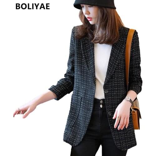 Boliyae 2021 Autumn and Winter New Suit Coat Womens Fashion Tweed Plaid Jacket Casual Long Sleeve White Blazer Tops Overcoat