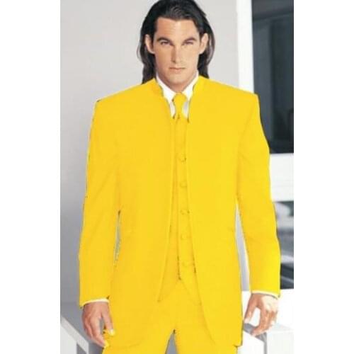 Brand New Groomsmen Hot Sales Yellow Groom Tuxedos Mandarin Lapel Men Suits Wedding Best Man Blazer ( Jacket+Pants+Vest+Tie )