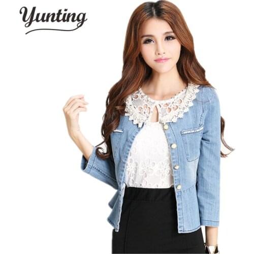 New 2021 spring jackets women outerwear slim lace patchwork three quarter denim jacket lady vintage jeans jacket lace jacket