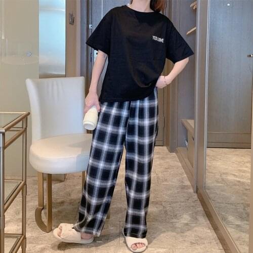 Soft Cotton Pajamas For Women Korean Black And White Plaid Girl Casual Homewear Plus Size 2pcs Milk Shreds Pants Nightwear Suit