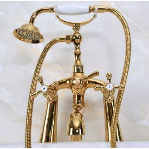 Polished Gold Color Brass Deck Mounted ClawFoot Bathroom Tub Faucet Dual Cross Handles Telephone Style Hand Shower Head ana146