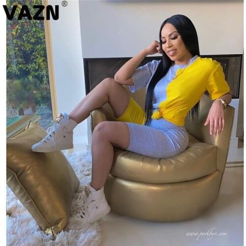 VAZN Popular 2020 summer sexy lady 3 colors 2-piece mid casual set short sleeve O-neck tees mid pants set patchwork colors sets