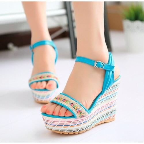 Mixed Colors Hemp Rope Woven Sandals Summer Women Shoes Fashion Wedges High Heel Sandals White Black Blue