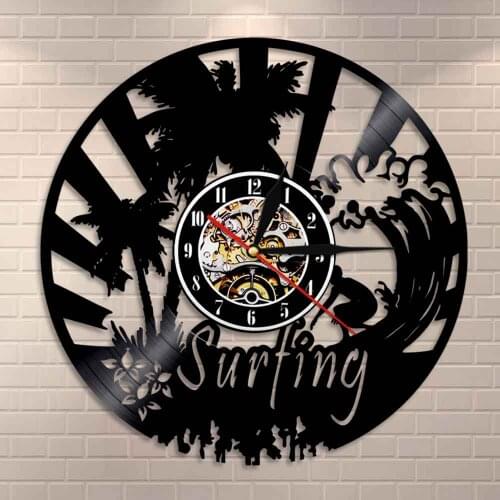 Modern Wall Watch Water Surfing Beach View Vinyl Record Wall Clock Sport LED Night Light For Surfing Lover Gift Home Decoration