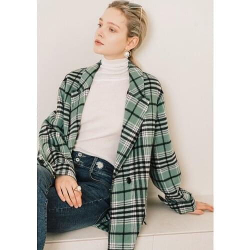 Womens Clothing 2021 Winter New Korean Loose Straight Cylinder Checkered Wool Coat Tweed Coat