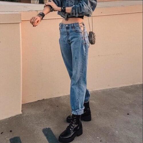 Sexy Ankle Length Pants Jeans Woman High Waist Patchwork Chains Straight Vintage Jeans For Women Clothing 2021 Summer Streetwear
