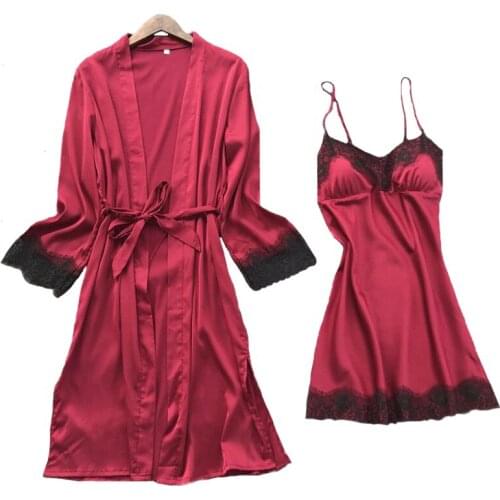Women Twinset Robe Set Summer Sleepwear Home Clothes Lace Trim Kimono Bathrobe Gown Satin Nightgown Nightdress Sexy Nightwear