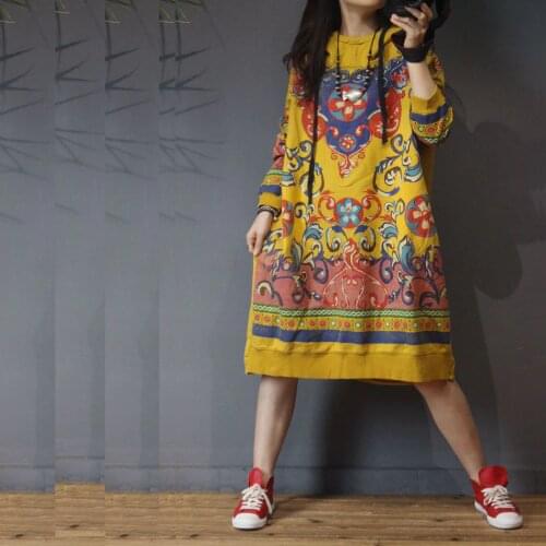 Women Autumn Hooded Printed Dress Ladies Retro Plus Size Vintage Print Dresses Female Pattern Print Casual Loose Dress 2018
