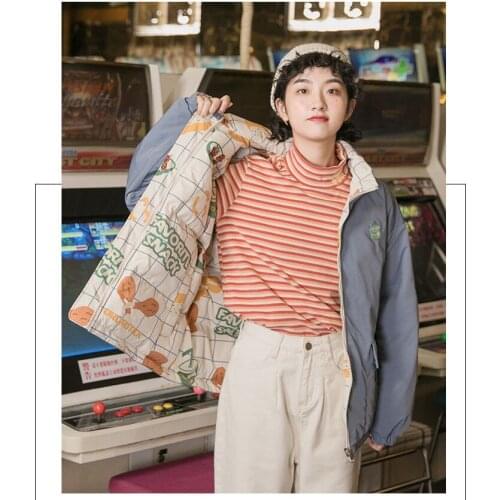 Winter Warm Outwear Both Two Wear Zipper Jacket Cartoon Printed Sweet Coat Women