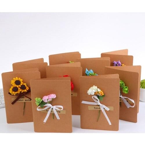 10pcs/lot Paper Craft Card Handmade with Flower Ribbon Bow Gift Card for Christmas Thanksgiving Birthday Message fo Love