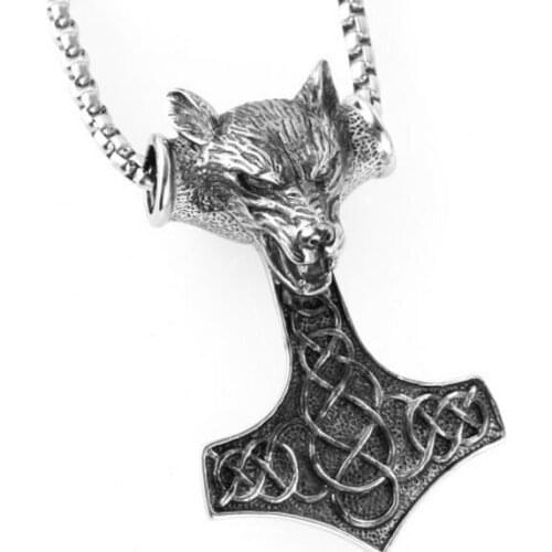 20''-32'' Large Heavy Mens Stainless Steel Vintage Thors Hammer Wolf Pendant Necklace+free chain 4mm wide