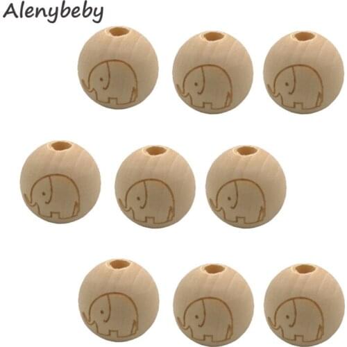 30pcs Wooden Elephant Beads Teether 20mm DIY Eco-Friendly Wood Round Printing Star Balls Baby Teething Necklace Accessories