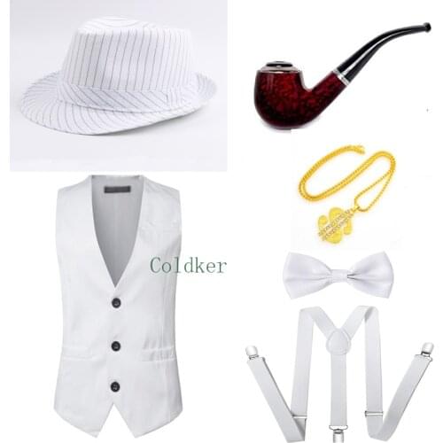 1920s Accessories for Men Gangster Vest Fedora Hat Pre Tied Bowtie Gentleman Pipe