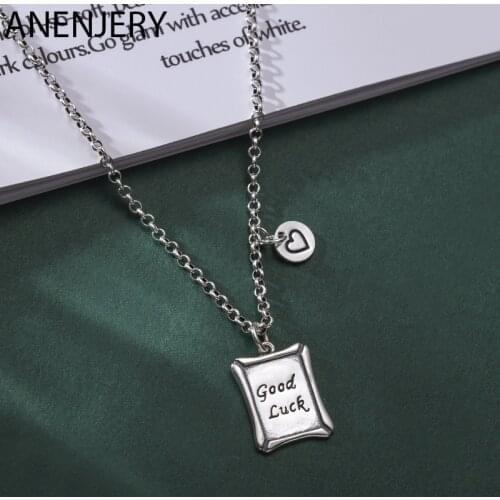 ANENJERY 925 Sterling Silver Retro Good Luck Square Brand Sweater Necklace With Round Disc Love Heart Pendant necklace S-N642